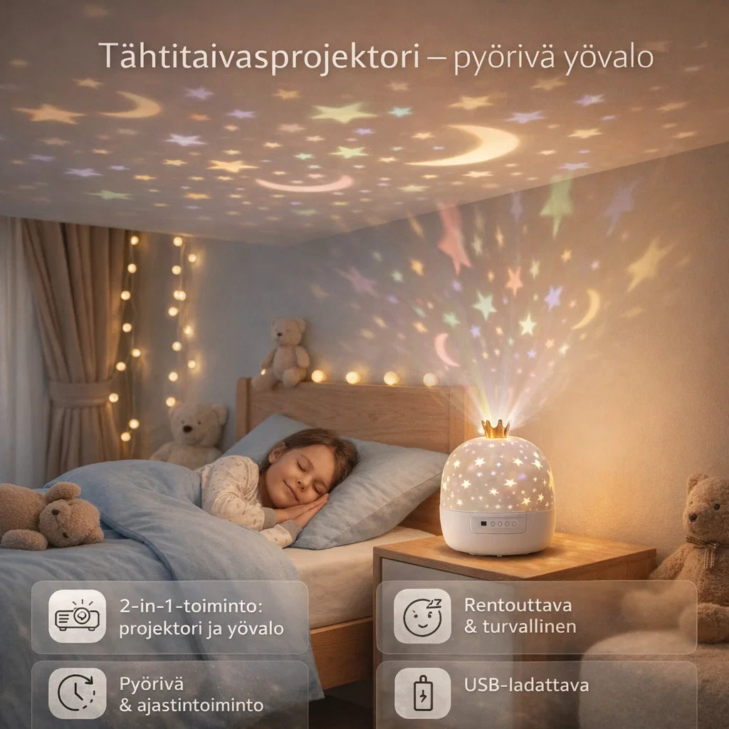TähtiValo – Pyörivä tähtiprojektori tunnelmalliseen iltaan