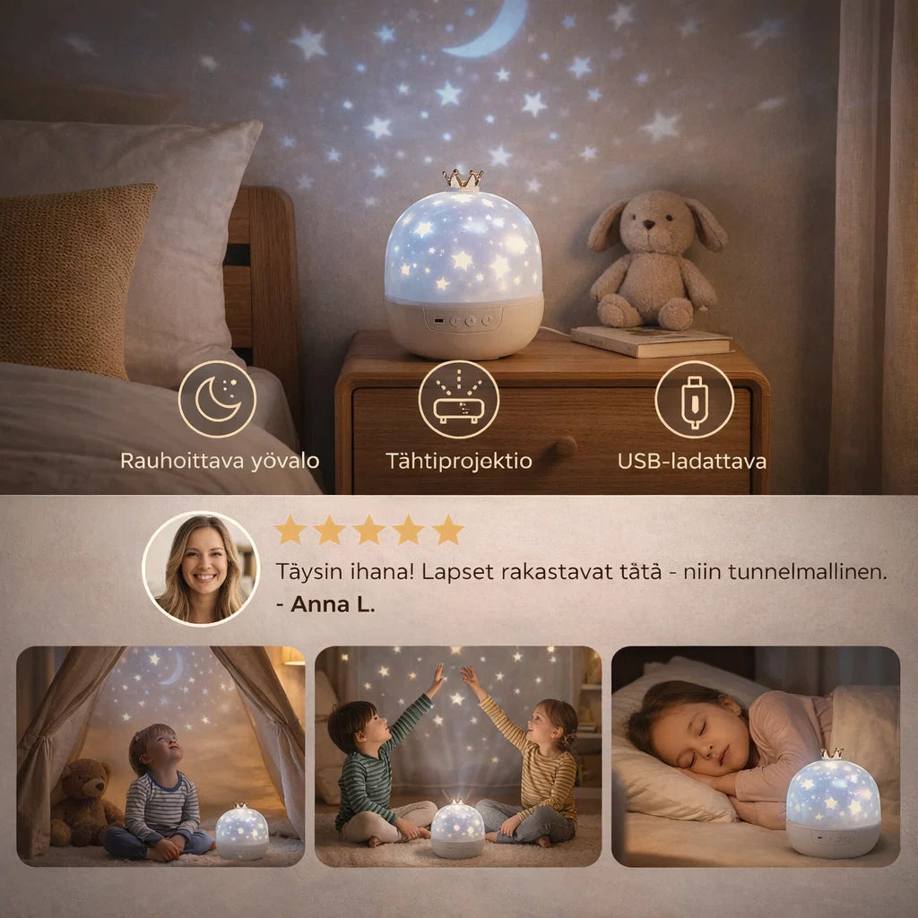 TähtiValo – Pyörivä tähtiprojektori tunnelmalliseen iltaan