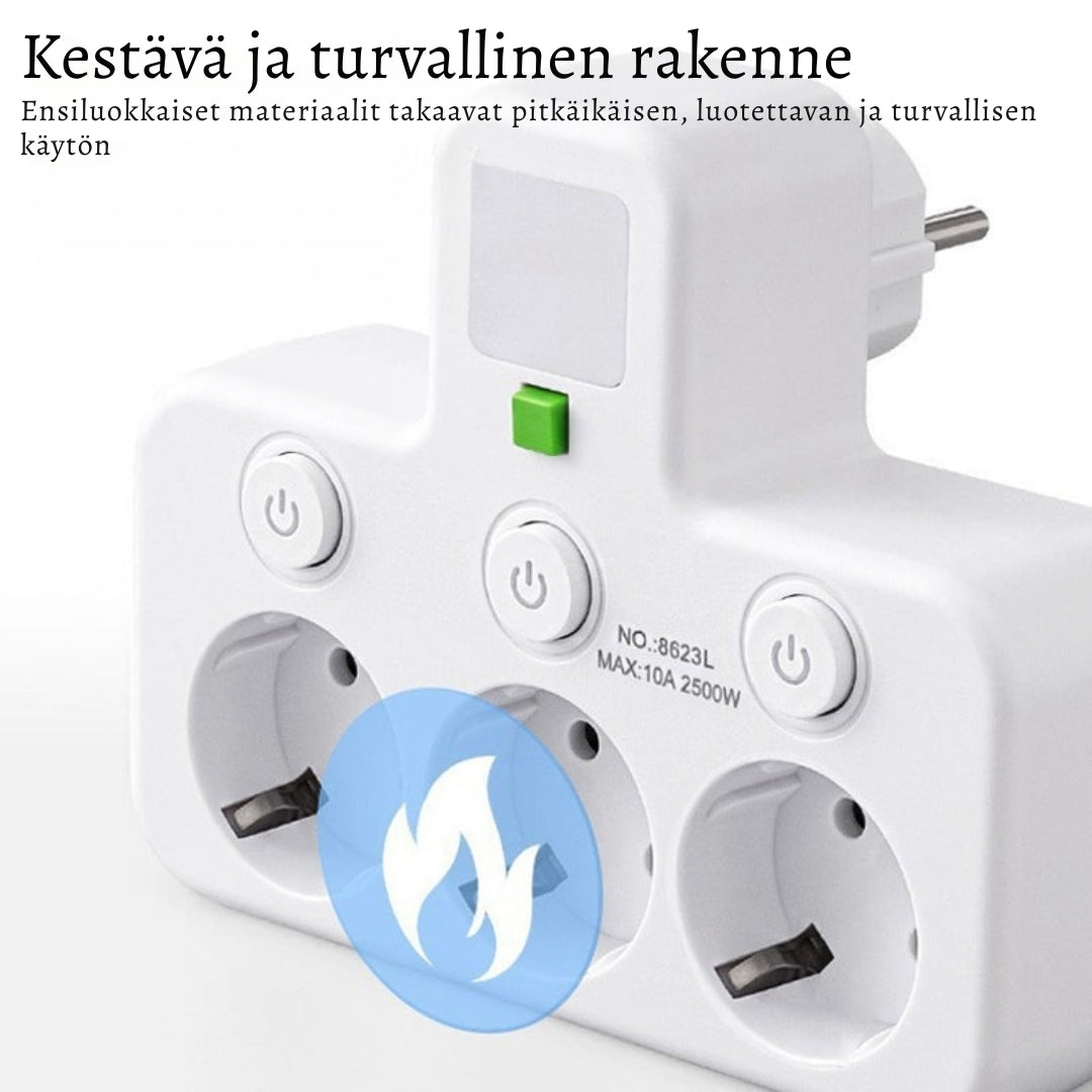 VirtaKoti – Kompakti jatkopistorasia USB-porteilla ja yövalolla