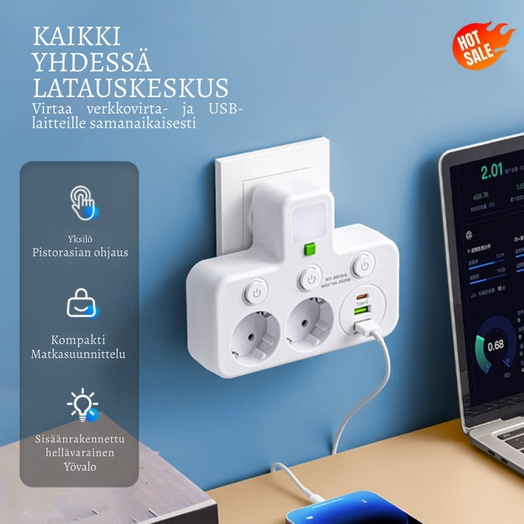 VirtaKoti – Kompakti jatkopistorasia USB-porteilla ja yövalolla